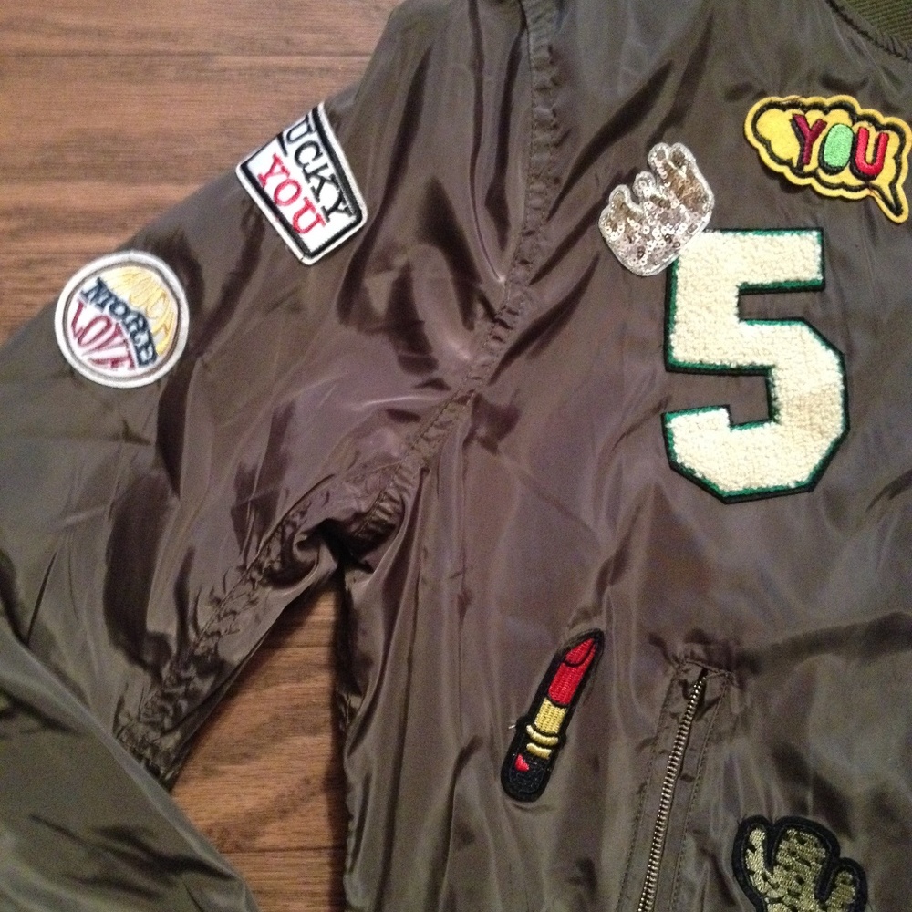 Olive Green #5 big logo patch bomber jacket Coat‎ - Picture 5 of 8